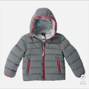 Gray Hooded Puffer Jacket with Red Accents